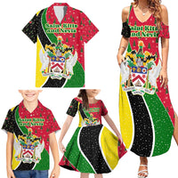 Saint Kitts and Nevis Christmas Family Matching Summer Maxi Dress and Hawaiian Shirt with Red Green Black Xmas Monkey Gift and Coat of Arms - Wonder Print Shop
