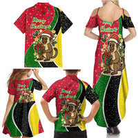 Saint Kitts and Nevis Christmas Family Matching Summer Maxi Dress and Hawaiian Shirt with Red Green Black Xmas Monkey Gift and Coat of Arms - Wonder Print Shop