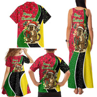 Saint Kitts and Nevis Christmas Family Matching Tank Maxi Dress and Hawaiian Shirt with Red Green Black Xmas Monkey Gift and Coat of Arms - Wonder Print Shop