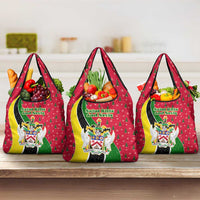 Saint Kitts and Nevis Christmas Grocery Bag with Red Green Black Xmas Monkey Gift and Coat of Arms - Wonder Print Shop