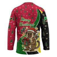 Saint Kitts and Nevis Christmas Hockey Jersey with Red Green Black Xmas Monkey Gift and Coat of Arms - Wonder Print Shop