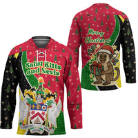 Saint Kitts and Nevis Christmas Hockey Jersey with Red Green Black Xmas Monkey Gift and Coat of Arms - Wonder Print Shop