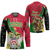 Saint Kitts and Nevis Christmas Hockey Jersey with Red Green Black Xmas Monkey Gift and Coat of Arms - Wonder Print Shop