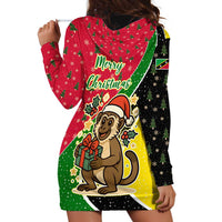 Saint Kitts and Nevis Christmas Hoodie Dress with Red Green Black Xmas Monkey Gift and Coat of Arms - Wonder Print Shop