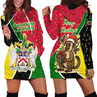 Saint Kitts and Nevis Christmas Hoodie Dress with Red Green Black Xmas Monkey Gift and Coat of Arms - Wonder Print Shop