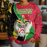 Saint Kitts and Nevis Christmas Kid Ugly Christmas Sweater with Red Green Black Xmas Monkey Gift and Coat of Arms - Wonder Print Shop