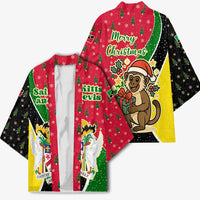 Saint Kitts and Nevis Christmas Kimono with Red Green Black Xmas Monkey Gift and Coat of Arms - Wonder Print Shop