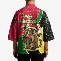 Saint Kitts and Nevis Christmas Kimono with Red Green Black Xmas Monkey Gift and Coat of Arms - Wonder Print Shop