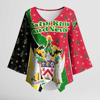 Saint Kitts and Nevis Christmas Kimono Sleeve Blouse with Red Green Black Xmas Monkey Gift and Coat of Arms - Wonder Print Shop
