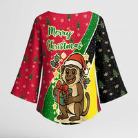 Saint Kitts and Nevis Christmas Kimono Sleeve Blouse with Red Green Black Xmas Monkey Gift and Coat of Arms - Wonder Print Shop