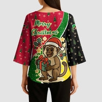 Saint Kitts and Nevis Christmas Kimono Sleeve Blouse with Red Green Black Xmas Monkey Gift and Coat of Arms - Wonder Print Shop