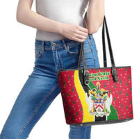 Saint Kitts and Nevis Christmas Leather Tote Bag with Red Green Black Xmas Monkey Gift and Coat of Arms - Wonder Print Shop