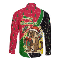 Saint Kitts and Nevis Christmas Long Sleeve Button Shirt with Red Green Black Xmas Monkey Gift and Coat of Arms - Wonder Print Shop