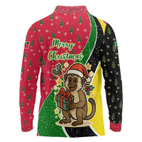 Saint Kitts and Nevis Christmas Long Sleeve Polo Shirt with Red Green Black Xmas Monkey Gift and Coat of Arms - Wonder Print Shop