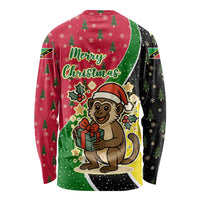 Saint Kitts and Nevis Christmas Long Sleeve Shirt with Red Green Black Xmas Monkey Gift and Coat of Arms - Wonder Print Shop