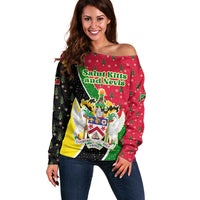 Saint Kitts and Nevis Christmas Off Shoulder Sweater with Red Green Black Xmas Monkey Gift and Coat of Arms - Wonder Print Shop