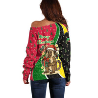 Saint Kitts and Nevis Christmas Off Shoulder Sweater with Red Green Black Xmas Monkey Gift and Coat of Arms - Wonder Print Shop