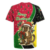 Saint Kitts and Nevis Christmas Rugby Jersey with Red Green Black Xmas Monkey Gift and Coat of Arms - Wonder Print Shop