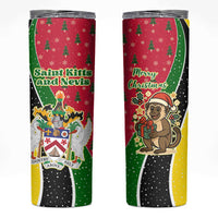 Saint Kitts and Nevis Christmas Skinny Tumbler with Red Green Black Xmas Monkey Gift and Coat of Arms - Wonder Print Shop