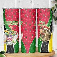 Saint Kitts and Nevis Christmas Skinny Tumbler with Red Green Black Xmas Monkey Gift and Coat of Arms - Wonder Print Shop