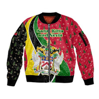 Saint Kitts and Nevis Christmas Sleeve Zip Bomber Jacket with Red Green Black Xmas Monkey Gift and Coat of Arms - Wonder Print Shop