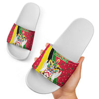 Saint Kitts and Nevis Christmas Slide Sandals with Red Green Black Xmas Monkey Gift and Coat of Arms - Wonder Print Shop