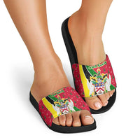 Saint Kitts and Nevis Christmas Slide Sandals with Red Green Black Xmas Monkey Gift and Coat of Arms - Wonder Print Shop