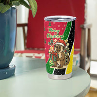 Saint Kitts and Nevis Christmas Tumbler Cup with Red Green Black Xmas Monkey Gift and Coat of Arms - Wonder Print Shop