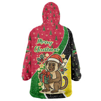Saint Kitts and Nevis Christmas Wearable Blanket Hoodie with Red Green Black Xmas Monkey Gift and Coat of Arms - Wonder Print Shop