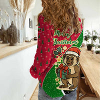 Saint Kitts and Nevis Christmas Women Casual Shirt with Red Green Black Xmas Monkey Gift and Coat of Arms - Wonder Print Shop