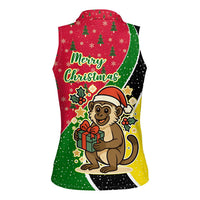 Saint Kitts and Nevis Christmas Women Sleeveless Polo Shirt with Red Green Black Xmas Monkey Gift and Coat of Arms - Wonder Print Shop