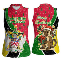 Saint Kitts and Nevis Christmas Women Sleeveless Polo Shirt with Red Green Black Xmas Monkey Gift and Coat of Arms - Wonder Print Shop