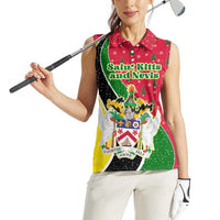 Saint Kitts and Nevis Christmas Women Sleeveless Polo Shirt with Red Green Black Xmas Monkey Gift and Coat of Arms - Wonder Print Shop