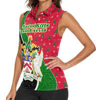 Saint Kitts and Nevis Christmas Women Sleeveless Polo Shirt with Red Green Black Xmas Monkey Gift and Coat of Arms - Wonder Print Shop