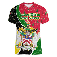 Saint Kitts and Nevis Christmas Women V-Neck T-Shirt with Red Green Black Xmas Monkey Gift and Coat of Arms - Wonder Print Shop