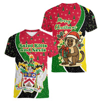 Saint Kitts and Nevis Christmas Women V-Neck T-Shirt with Red Green Black Xmas Monkey Gift and Coat of Arms - Wonder Print Shop