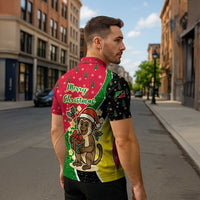 Saint Kitts and Nevis Christmas Zipper Polo Shirt with Red Green Black Xmas Monkey Gift and Coat of Arms - Wonder Print Shop
