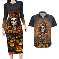 Halloween Skull Couples Matching Long Sleeve Bodycon Dress and Hawaiian Shirt Pumpkin-Themed - Wonder Print Shop