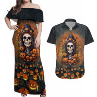 Halloween Skull Couples Matching Off Shoulder Maxi Dress and Hawaiian Shirt Pumpkin-Themed - Wonder Print Shop