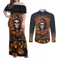 Halloween Skull Couples Matching Off Shoulder Maxi Dress and Long Sleeve Button Shirts Pumpkin-Themed - Wonder Print Shop