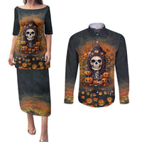 Halloween Skull Couples Matching Puletasi Dress and Long Sleeve Button Shirts Pumpkin-Themed - Wonder Print Shop