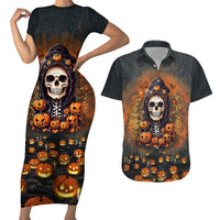 Halloween Skull Couples Matching Short Sleeve Bodycon Dress and Hawaiian Shirt Pumpkin-Themed - Wonder Print Shop