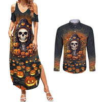 Halloween Skull Couples Matching Summer Maxi Dress and Long Sleeve Button Shirts Pumpkin-Themed - Wonder Print Shop