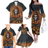 Halloween Skull Family Matching Off Shoulder Long Sleeve Dress and Hawaiian Shirt Pumpkin-Themed - Wonder Print Shop