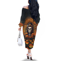 Halloween Skull Family Matching Off Shoulder Long Sleeve Dress and Hawaiian Shirt Pumpkin-Themed - Wonder Print Shop