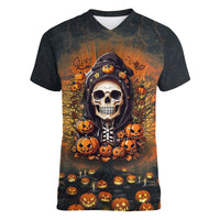 Halloween Skull Women V Neck T Shirt Pumpkin-Themed - Wonder Print Shop