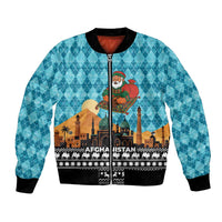 Afghanistan Christmas Bomber Jacket with Santa on Flying Carpet Mosque Camels and Desert Sunset Design - Wonder Print Shop