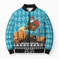 Afghanistan Christmas Bomber Puffer Jacket with Santa on Flying Carpet Mosque Camels and Desert Sunset Design - Wonder Print Shop