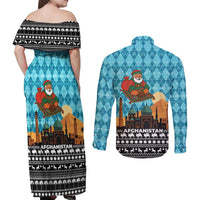 Afghanistan Christmas Couples Matching Off Shoulder Maxi Dress and Long Sleeve Button Shirt with Santa on Flying Carpet Mosque Camels and Desert Sunset Design - Wonder Print Shop