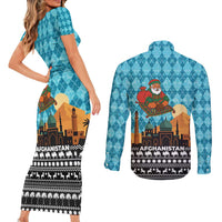 Afghanistan Christmas Couples Matching Short Sleeve Bodycon Dress and Long Sleeve Button Shirt with Santa on Flying Carpet Mosque Camels and Desert Sunset Design - Wonder Print Shop
